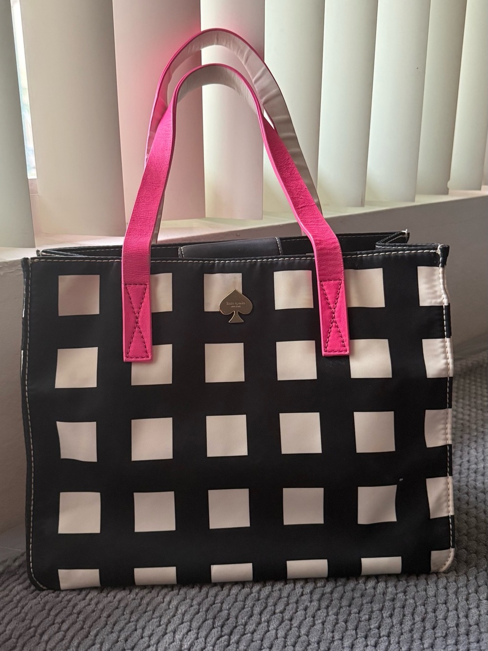 kate spade Black & White Check Tote with Pink Handles